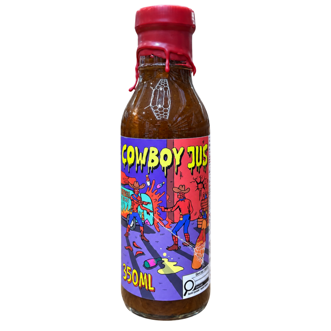 Bouteille de sauce BBQ piquante Cowboy Jus MTHell, 350 ml, avec cire rouge.