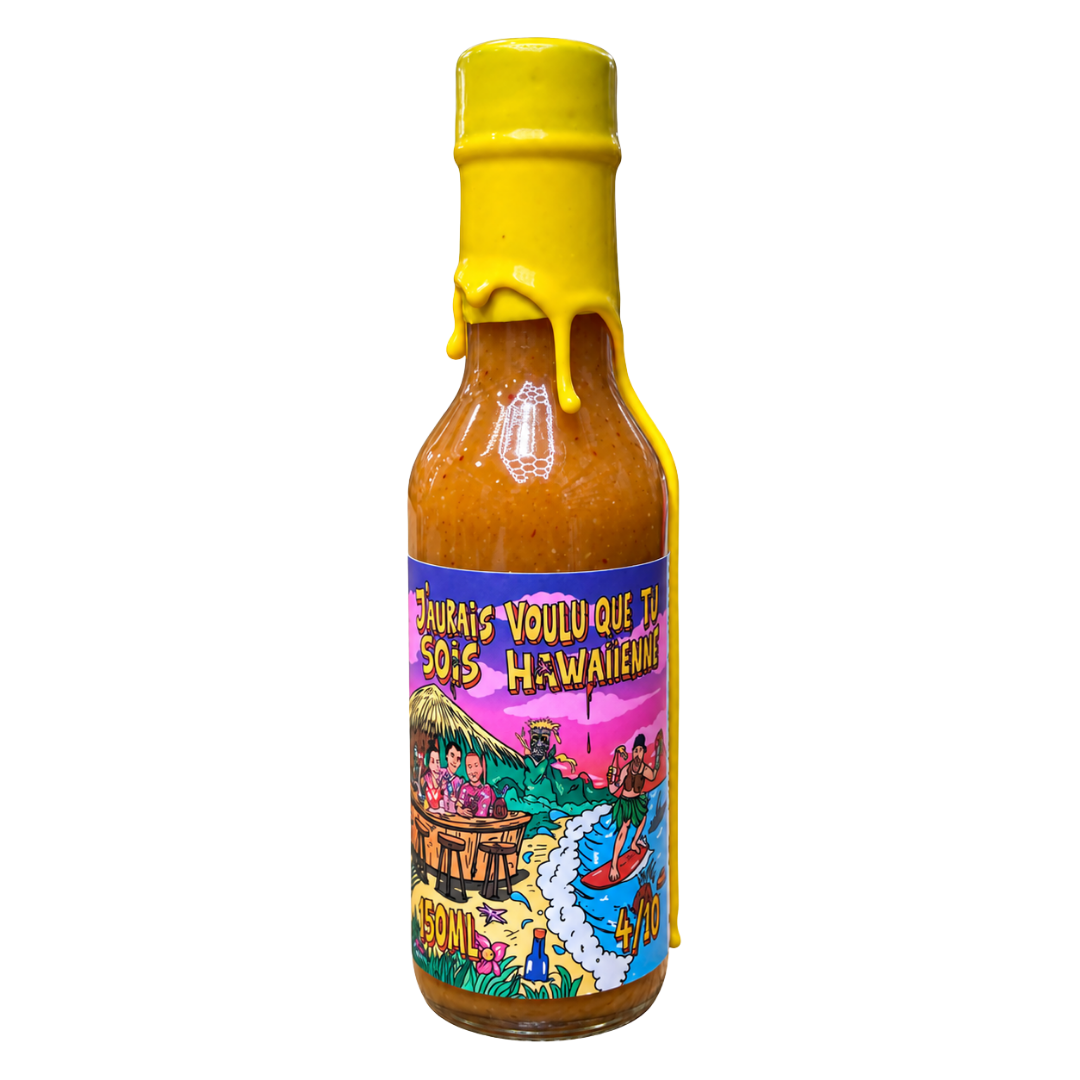 Bouteille de sauce piquante MTHell J’aurais voulu que tu sois hawaiienne, 150 ml, avec cire jaune.