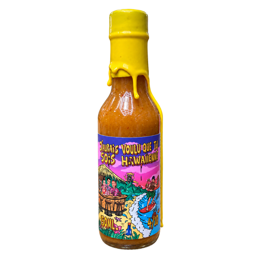 Bouteille de sauce piquante MTHell J’aurais voulu que tu sois hawaiienne, 150 ml, avec cire jaune.