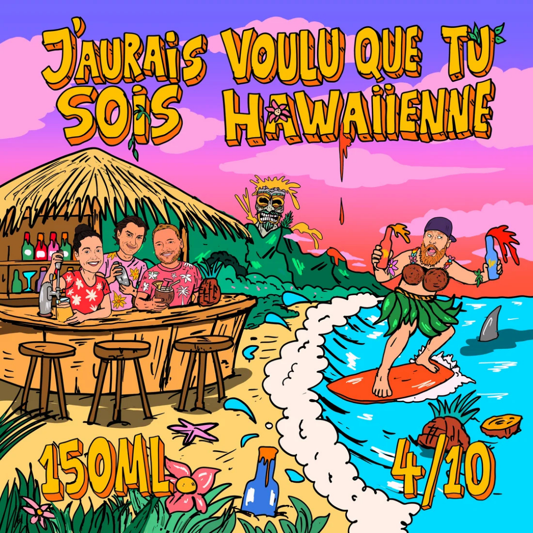 Illustration tropicale de l’étiquette MTHell J’aurais voulu que tu sois hawaiienne, avec plage et surfeur.