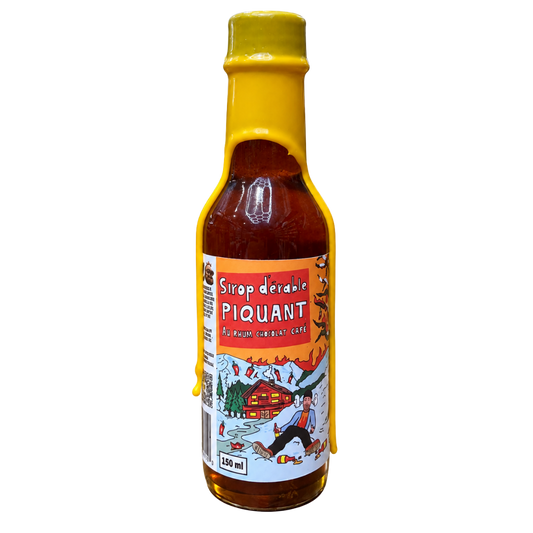 Bouteille de sirop d’érable piquant fort MTHell au rhum, chocolat et café, 150 ml, avec cire jaune.