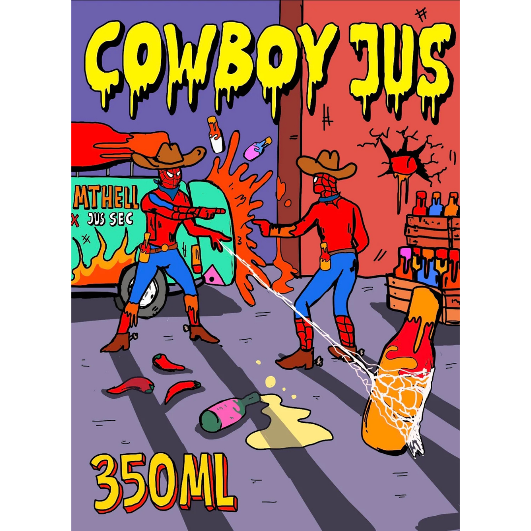 Illustration de l’étiquette Cowboy Jus MTHell et Jus Sec, avec deux cowboys et mention 350 ml.