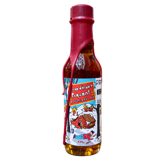 Bouteille de sirop d’érable piquant doux MTHell au rhum, chocolat et café, 150 ml, avec cire rouge.