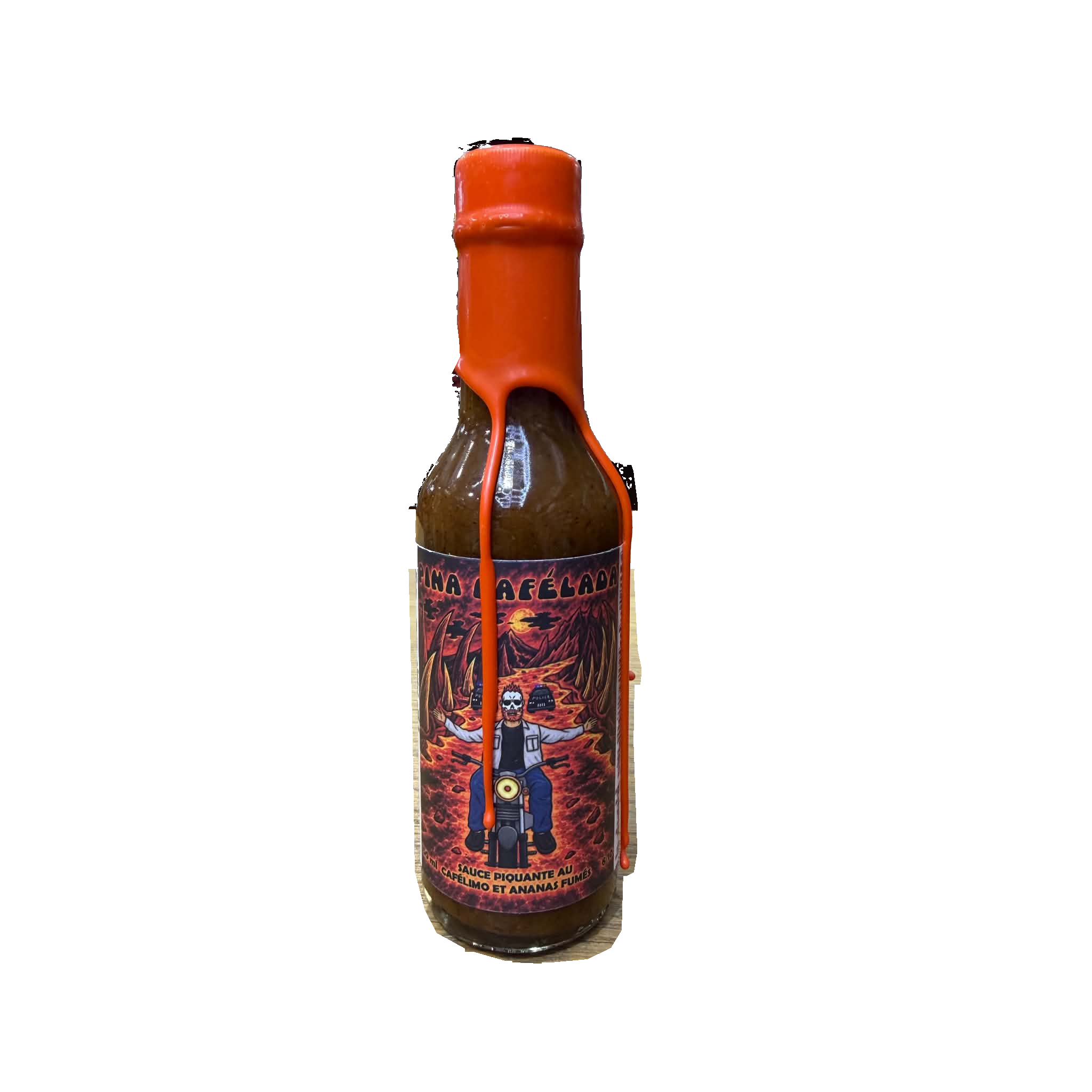 Bouteille de sauce Pina Cafélada MTHell au cafélimo et aux ananas fumés, cire orange